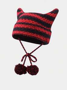 1pc Cute Black & White Striped Cat Ear Knit Beanie Hat, Warm For Women In Autumn/Winter, Y2K Style - Multicolor - View 7