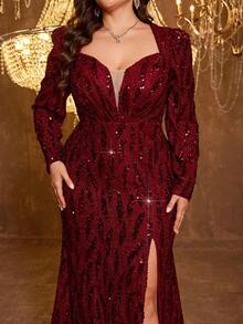 UNITHORSE [Cắt ngẫu nhiên] Đầm dạ hội dài tay cổ chữ V, eo thắt, xẻ tà - Màu Đỏ Sâu - Xem 5