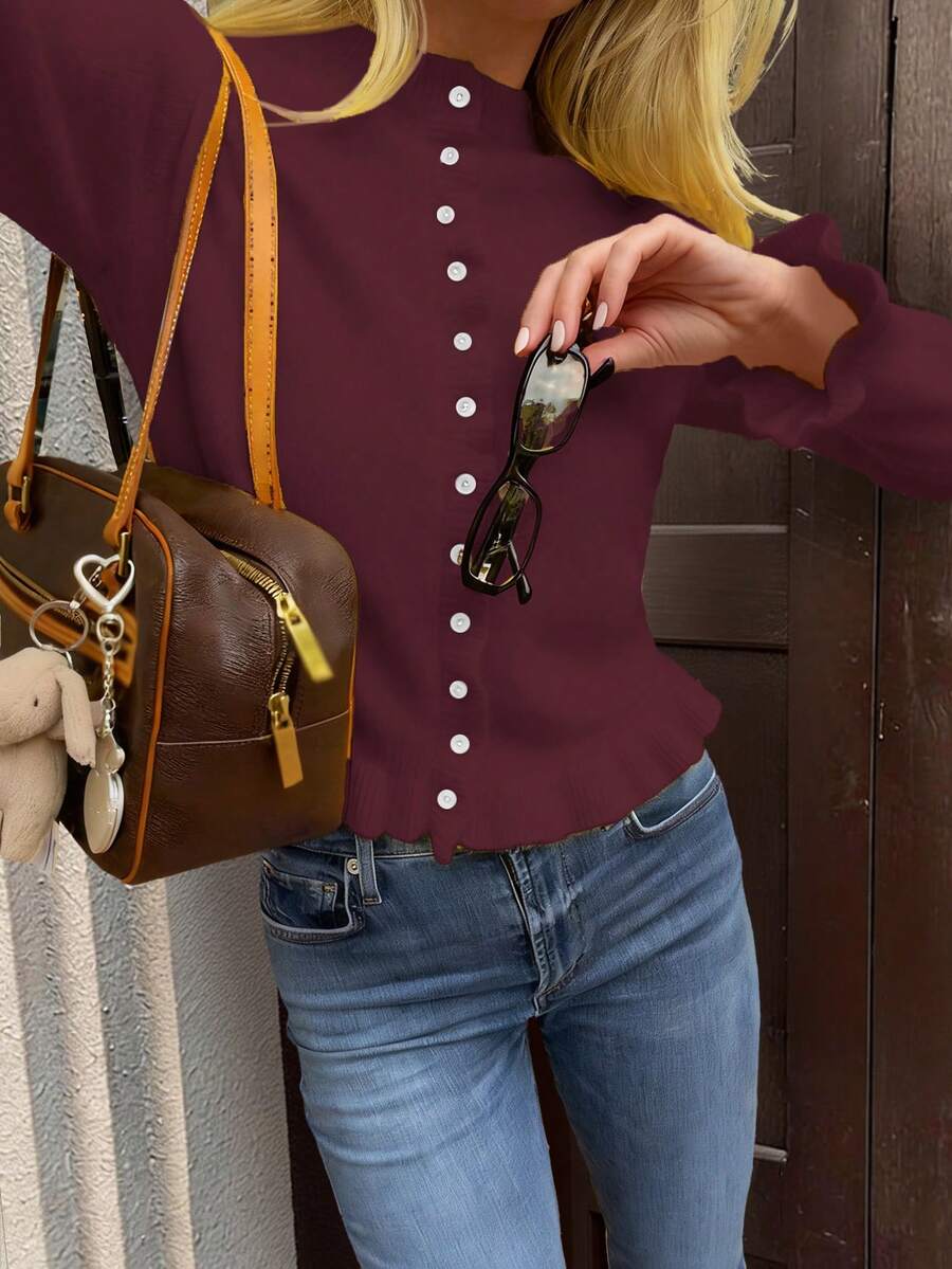 Casual Solid Color Ruffled Cardigan, Versatile For Spring And Autumn