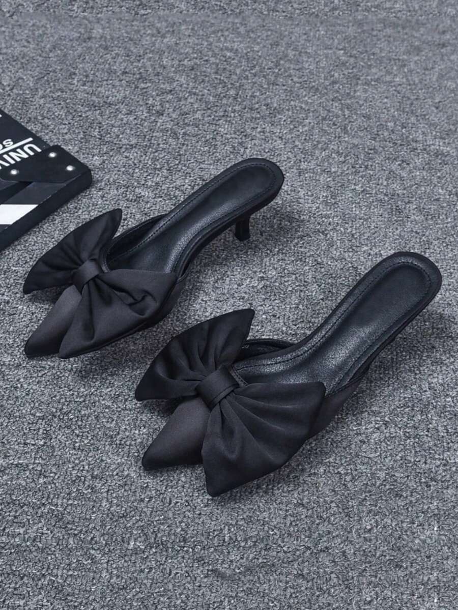 2026 Summer New Pointed Toe Bowknot Suede High Heel Slip-On Sandals, Black - Black - View 1