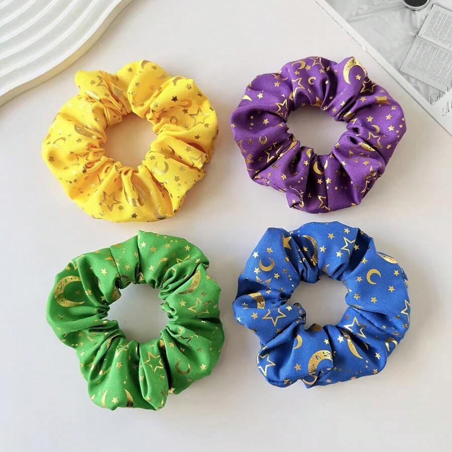 Star & Moon Pattern Polyester Hair Scrunchies ,Ponytail Holders ,Hair Elastics ,Hair Rubber Bands ,Hair Rope ,Elastic Hair Tie - Multicolor - View 1