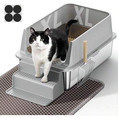  PKBD Edelstahl Katzenklo XXL, 60 x 30 x 40 cm, Katzenklo Edelstahl 32 L – Hochwandiges Katzenklo Groß Auslaufsicher, Kostenlose XL-Matte & Metall Schaufel, Leicht zu Reinigen