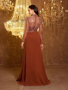 UNITHORSE 女士优雅立领长袖串珠亮片网纱雪纺长款晚礼服婚纱春季 - 橘色 - 查看 3