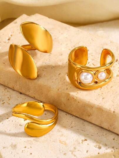 3pcs 18K Gold Plated Stainless Steel Elegant Luxury Vintage Geometric Water Drop Exaggerated Ring Set, Suitable For Women's Daily, Festival, Party, Holiday Wear