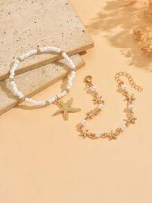 Set de 2 pulseras con colgante de estrella de mar con perlas, estilo minimalista y clásico, hecho a mano, accesorio de joyería versátil y de moda, adecuado para uso diario, fiestas, playa y citas - Multicolor - Ver 3