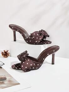 优雅波点蝴蝶结露趾细高跟凉鞋 - 咖啡棕 - 查看 1