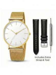 3pcs/Set Unisex Men Women Black & Gold White & Gold Metal Mesh Strap & Extra Leather Strap Fashion Business Casual Quartz Wristwatches With Extra Strap & Removal Tool Unisex Watches For Men/Women Wristwatches For Men Women Suitable For Daily Wear, Business Occasions, Casual Outings As Birthday Gifts, Valentine's Gifts, Christmas Gifts, Anniversary Gifts - one-size - View 11