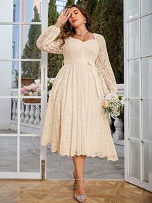 Simplee Plus Size Women Elegant Vintage Lace A-Line Dress, Long Sleeve Waist Cinched, Suitable For Wedding, Party, Birthday Spring - Màu be - Xem 2