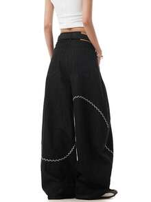 Women's Baggy High Waist Oversized Wide-Leg Denim Pants Detachable Belt Silver Chain Embroidery Loose Casual Streetwear Grunge Barrel Jeans - 黑色 - 查看 2