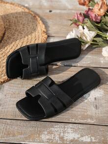 Women's Summer New Fashion EVA Plastic Open Toe Beach Holiday Flat Sandals, Comfortable Breathable Non-Slip Slip-On Slippers - Black - View 6