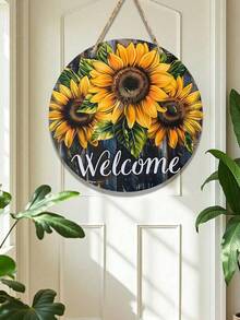 1pc Rustic Wooden Welcome Sign, Round 10inchx10inch/12inchx12inch Decorative Hanging Plaque With Sunflower And Butterfly Design For Farmhouse Front Door Or Wall Decor – Perfect Gift Idea - Multicolor - View 8