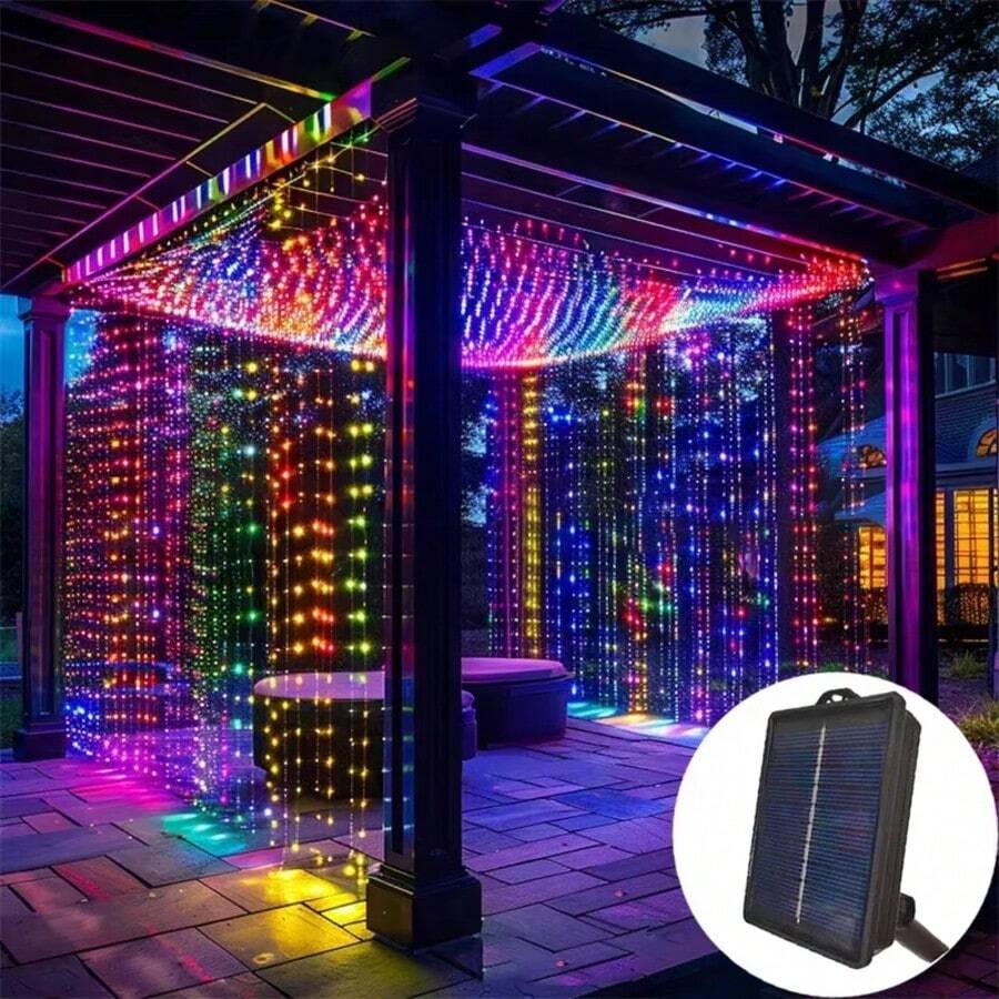 300LED Solar Curtain Lights Waterproof, 10Ft X 10Ft Twinkle Curtain String Fairy Light With Remote Control, 8 Modes, Warm White Solar Hanging Waterfall Lights For Outdoor Backdrop Gazebo Wall Xmas - 彩色 - 查看 1