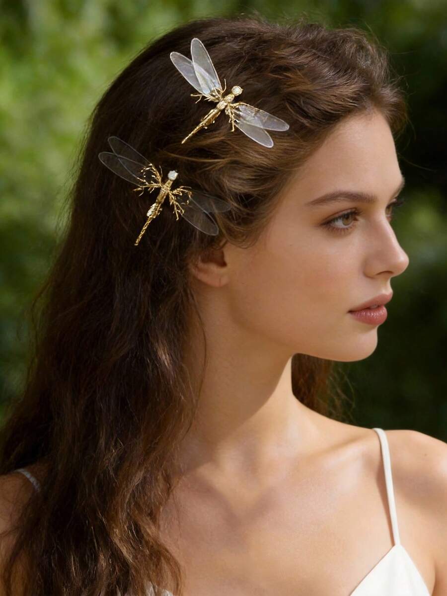 2件套浪漫透明蜻蜓/海星发夹，手工新娘头饰，婚礼首饰发饰 - 彩色 - 查看 1