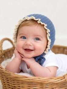 Mũ len dệt kiểu waffle màu trơn dễ thương cho bé sơ sinh, có bèo nhún và dây buộc, phụ kiện chụp ảnh. - Nhiều màu - Xem 8