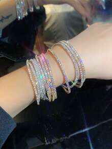 5pcs Sparkling Crystal Elastic Bangle Bracelets, Adjustable Party Style Jewelry Gift For Women - Silver - View 6