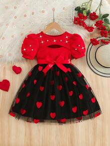 4-7 Years Girls' Heart Embroidery Mesh Dress, Puff Sleeve Pearl Decor Hollow Front Heart Embroidery Mesh Dress With Belt, Suitable For Parent-Child Activities, Parties, Birthdays, Valentine's Day, Daily Wear - Red - View 3