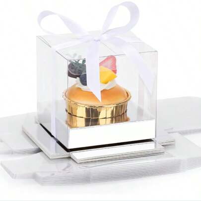 10 pièces Boîtes à cupcakes transparentes individuelles de 3,5 pouces avec plateau intérieur et ruban, boîtes-cadeaux pour mariage et fête, argent