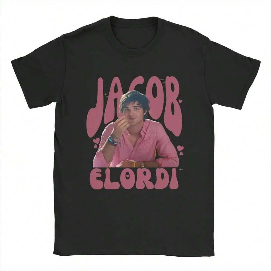 Camiseta de Hombre Romántica Jacob Elordi Divertida de Algodón Puro Camisetas de Manga Corta Cuello Redondo Ropa Impresa - Negro - Ver 1