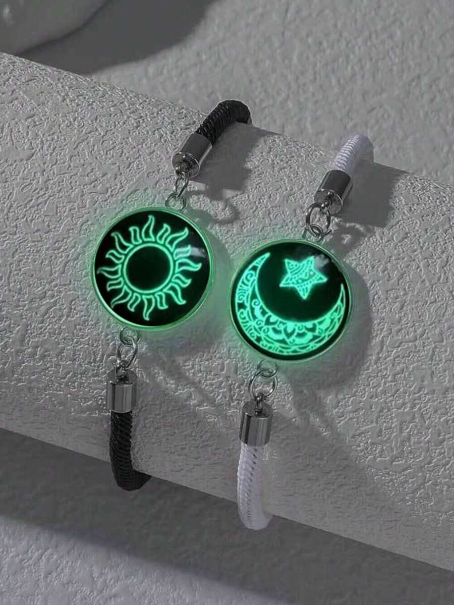 2pcs/Set Handmade Black & White Couple Bracelet Set, Moon & Star Glass Luminous Bracelet - Black and White - View 1