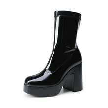 Women's Chunky Platform Ankle Boot High Block Heels Square Toe Lightweight Comfort Party Dress Booties Shoes For Women Women's Chunky Platform Ankle Boot High Block Heels Square Toe Lightweight Comfort Party Dress Booties Shoes For Women - 黑色漆皮 - 查看 4