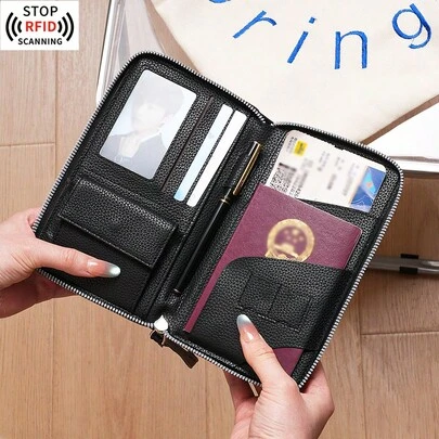 Stöldskyddande passhållare med dragkedja, multifunktionell biljett- och passhållare, plånbok för kvinnor, förvaringsväska för resedokument