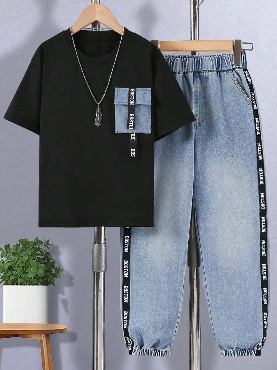 Conjunto de top de manga corta con bolsillo y pantalones con cinta estampados de estilo informal para niños, primavera/verano - Negro - Ver 1