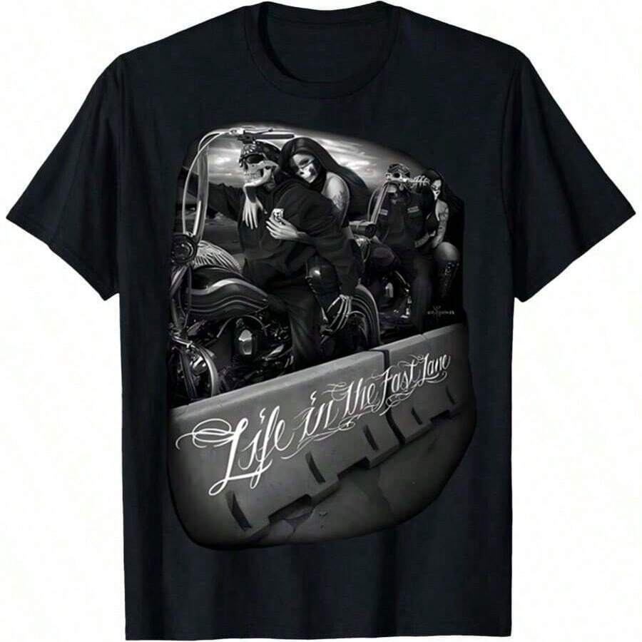 DGA David Gonzales Art Ride Or Die Fast Lane Motorcycles Bikers Skulls T Shirt - 黑色 - 查看 1