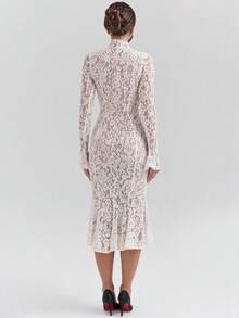 Dress Vestidos Elegantes De Mujer Vestidos De Mujer Elegantesdresses For Women Long Dresses For Women Vestidos Elegantes De Mujer New Hip-Wrapped Medium And Long Dress, Lace Long-Sleeved Crew Neck Fishtail Slim-Fitting Dress - trắng - Xem 4