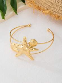 1pc , Beach Vacation Style Metal Starfish & Golden Shell Open Cuff Bracelet, Suitable For Parties, Beach Gatherings, Summer Outings, Casual Holidays - Golden - View 4