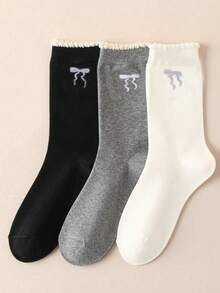 3 Pairs Women's Bow Decor Cute Socks, Casual School Style Lace Mid-Calf Socks - Multicolor - View 4