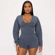 Women's Two-Piece Set Simple Solid Color Elegant Casual Low Crew Neck Cardigan Hidden Button Waist Cinching Long-Sleeved Top Slim-Fitting Sexy Short Pants Set - Xám - Xem 6