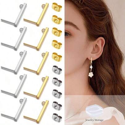 KMEOSCH 20 pezzi Set di orecchini a perno in acciaio inossidabile forati di varie dimensioni, orecchini a barra lineare rettangolari fatti a mano con chiusure per orecchie, kit di accessori per orecchini fai-da-te, componenti per la realizzazione di gioielli fai-da-te