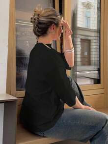 Summer Loose Business Casual Plain Short Sleeve-Shirt Women Oversized-Shirt - màu đen - Xem 7