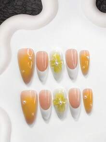 10片装极简法式亚克力美甲套装，手工渐变柠檬花美甲装饰，闪亮白色钻石点缀，黄色扎染效果，白色指甲油，清新夏日风格，送给女性和女孩的理想美甲礼物，美甲用品，手工按压式美甲贴片 - 彩色 - 查看 3
