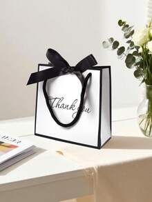 10pcs/5pcs/1pc Creative Black & White Thank You Gift Bags, Classic Color Scheme, Romantic Black Satin Ribbon Bow, Elegant "Thank You" Graphic Print, Suitable For Thanksgiving, Gifts, Birthdays, Weddings, Corporate Appreciation - White With Black Edges - View 10