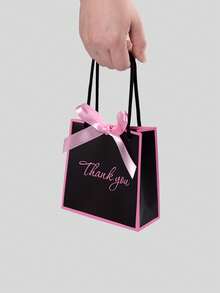 10个/5个/1个装高端黑色粉色滚边撞色迷你礼品袋，粉色滚边搭配同色缎带蝴蝶结，“谢谢”温馨书法设计，适用于婚礼回礼、礼品、珠宝、化妆品样品包装，简约优雅风格，礼盒包装，适合婚礼、生日派对、母亲节、开学季及其他节日送礼。 - 黑色-粉邊 - 查看 5