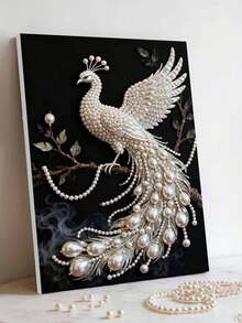 2D平面印刷DIY手工珍珠画套装，全珠孔雀精美装饰画图案，创意装饰画，配备自粘珍珠和钻石，DIY手工镶嵌珍珠画，适合家居装饰、新房装修、DIY手工爱好者、闺蜜礼物，钻石画套装，无框 - 彩色 - 查看 10