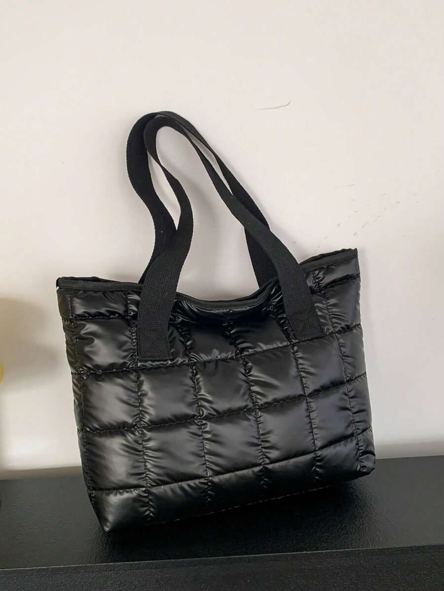 1pc Metallic Black Quilted Large Capacity Tote Bag, Women's Shoulder Bag Suitable For Daily Use And Dates, Christmas Gift - Black - View 1