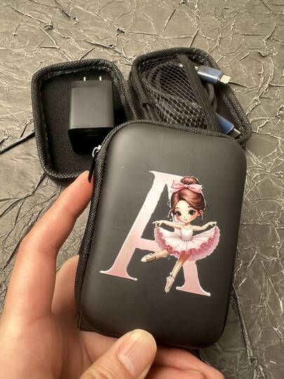1pc Zipper Data Cable Organizer Bag, Black Base With UV Printed Dancing Girl & 26 Uppercase Letter A-Z Pattern, Portable Pouch For Data Cable/Charger/Earphone
