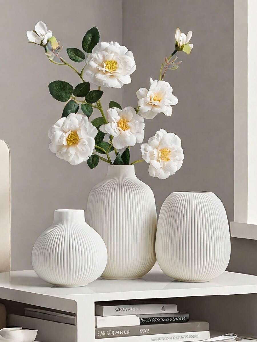 白色花瓶，大号家居装饰花瓶，现代简约3D纹理桌面花瓶，适用于卧室、客厅、办公桌，家居礼品，女士房间装饰，树脂花瓶 - 彩色 - 查看 1