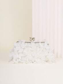 2025 Spring/Summer New White Romantic Wedding Season 1pc White Mesh Ruffle Tassel Clasp Rhinestone Embellished Handbag, High-End Luxury Women's Formal Dress Evening Bag, Bridal Wedding Party Clutch - White - View 3