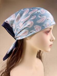 1pc Women's Elegant Heart Swan Print Scarf, Satin Neckerchief Headscarf Hair Accessory - Baby Blue - View 2