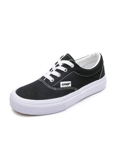 OPOEE Black Canvas Shoes, Women's Casual Sneakers, Minimalist Style Lace-Up Vulcanized Shoes, Suitable For Spring/Autumn, And Versatile