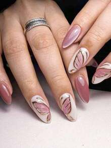 10 Pieces Of Handcrafted Press On Nails,Nails, Almond-Shaped Nails, French Tip Nails, Pink Nails, White Nails, Gold Nails, Glittery Pink's Eye And Hand-Carved Patterns Decorate Nail Surface. Simple And Elegant Style, Suitable Daily Use By Ladies And Girls. Comes With A Manicure Kit. - 粉色 - 查看 4