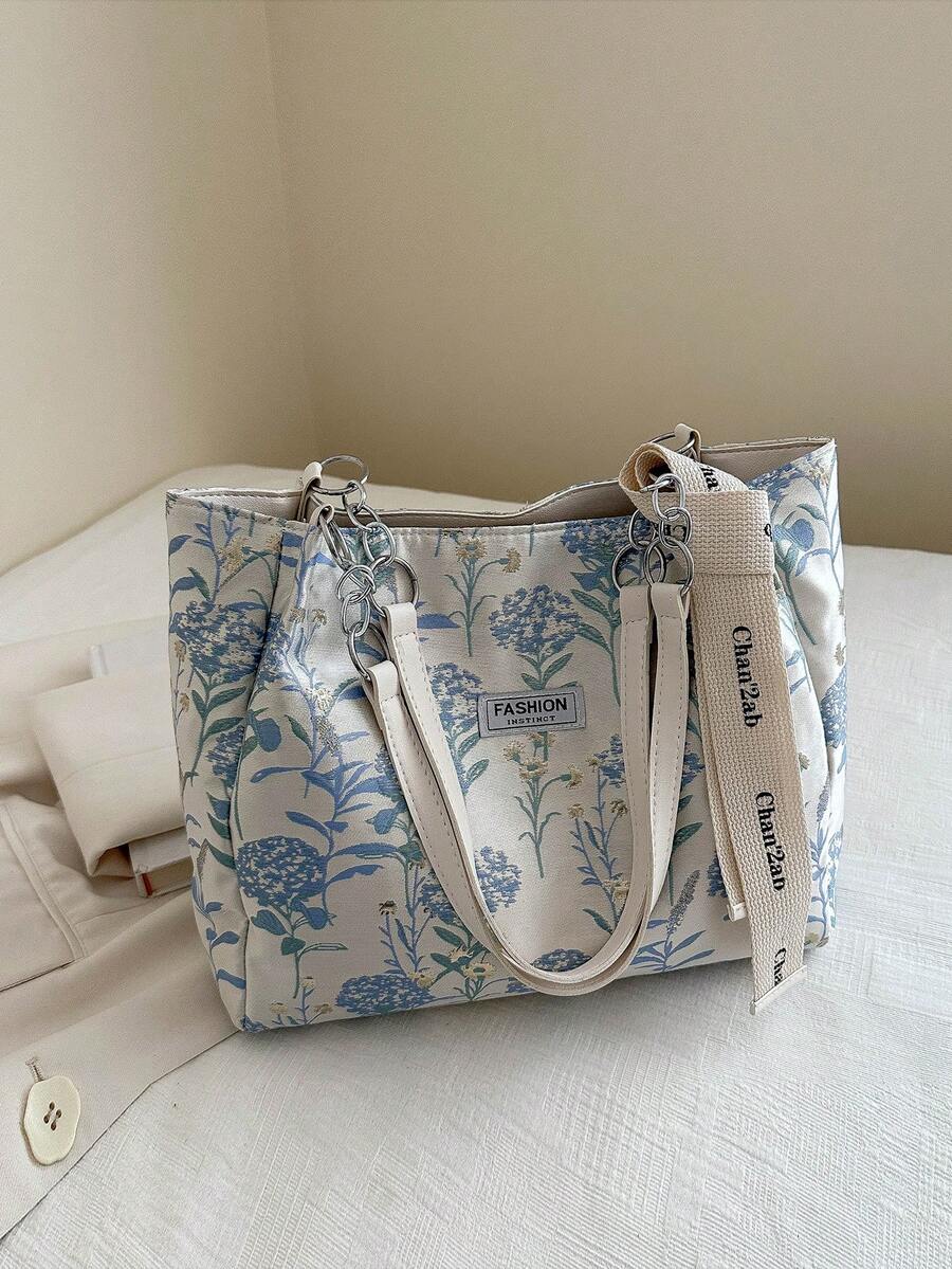 Fashionable Vintage Floral Embroidered Letter Scarf Decor Portable Tote Bag, Polyester Material Single Compartment Tote, Suitable For Women Shopping, Commuting, Travel And Daily Use