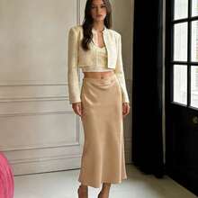 Yellow Satin Midi Skirt With Concealed Side Zipper - Luxurious Touch - 杏色 - 查看 2