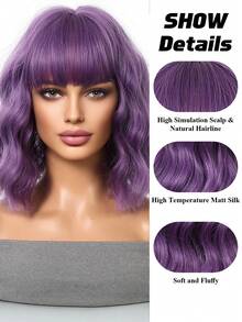 Purple Wig, 14-Inch Short Wavy Wig, Women's Synthetic Heat Resistant Wig With Bangs, Bob Wig, Curly Shoulder-Length Wig, Cosplay Wig For Women And Girls, Colored Wig, Perfect For Daily Wear And Music Festivals - 紫色 - 查看 8