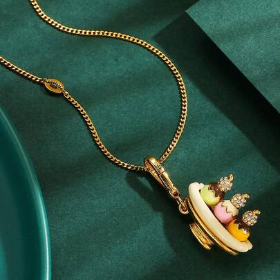 1件优雅珐琅冰淇淋香蕉船吊坠项链，手工绘制可爱饰品，适合女性日常佩戴