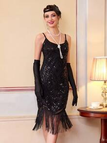 1920s Fringe Sequin Flapper Dress Set - Black - View 8