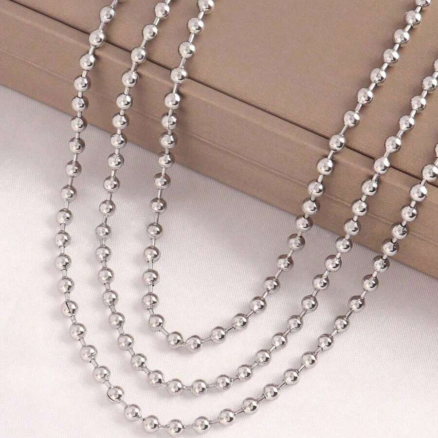 1条男士钛钢不褪色INS风圆珠链项链，时尚潮流，适合年轻男士和学生佩戴 - 銀色 - 查看 1